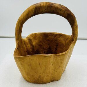 Hand Carved Burlwood Handled Basket Rustic Folk Art 8.5" x 7 x 9.5"